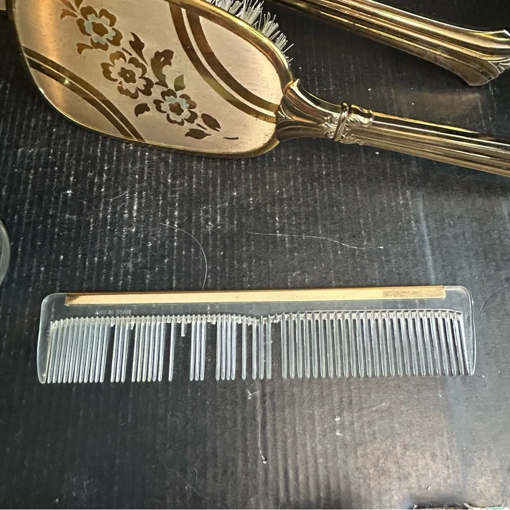 Vintage Vanity 5pc Dressing Table Set Mirror Brush Comb 2 Jars: Gold, Floral